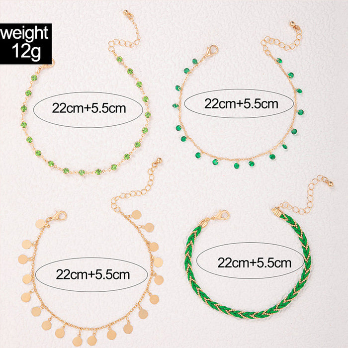 Woven Rope Green Tassel Anklet Set - Multilayer Rhinestone Jewelry