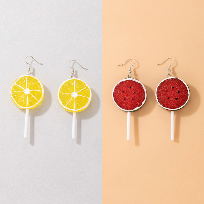 Lemon Lollipop Watermelon Fruit Resin Irregular Ear Hook Earrings