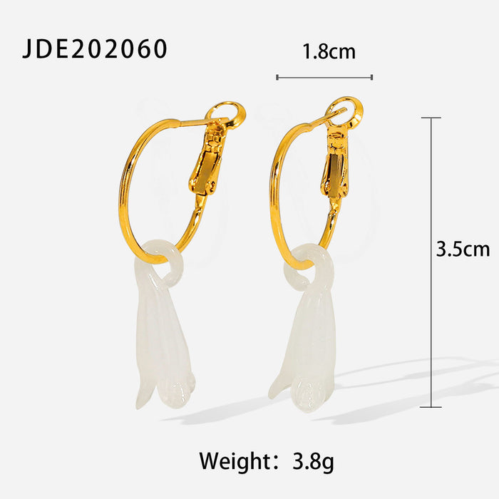 Pendientes de aro de acero inoxidable chapados en oro de 18 quilates de estilo vintage y de moda: pendientes colgantes de magnolia semipreciosa para mujer