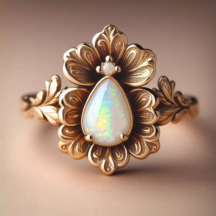 Women's round geometric imitation opal ring