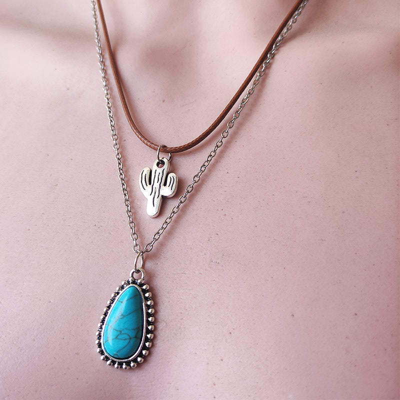 Retro Sunflower Design Double-Layer Necklace with Leather Cord - wallojewerly 