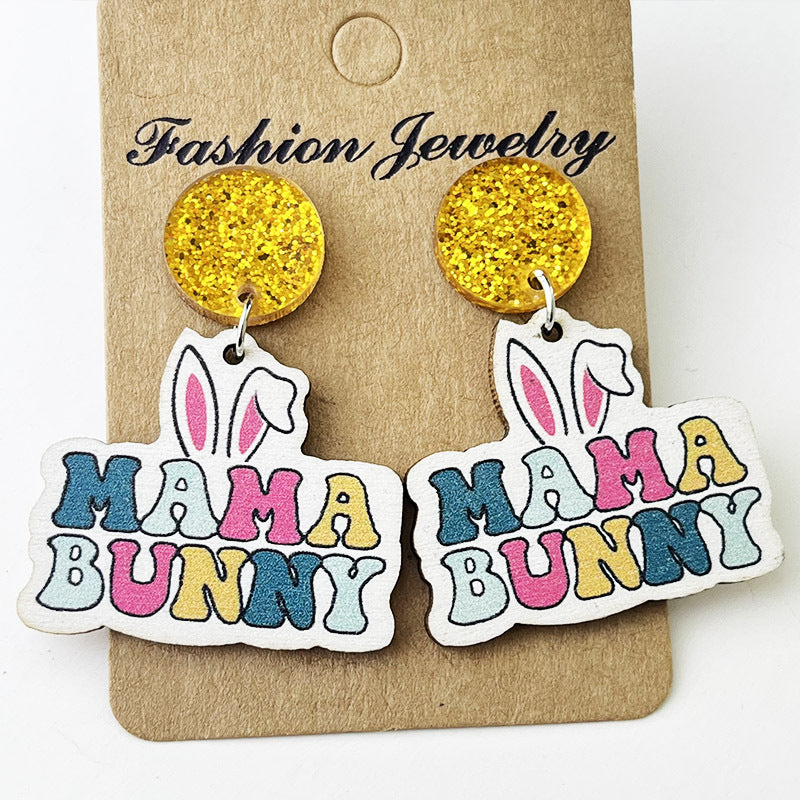 Pendientes de conejito de bosque de Pascua con diseños deportivos de mamá y maestra del oeste