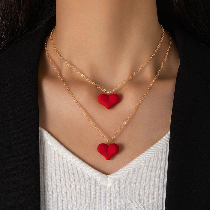 Collar con colgante de corazón doble de terciopelo: cadena en capas dulce y vanguardista