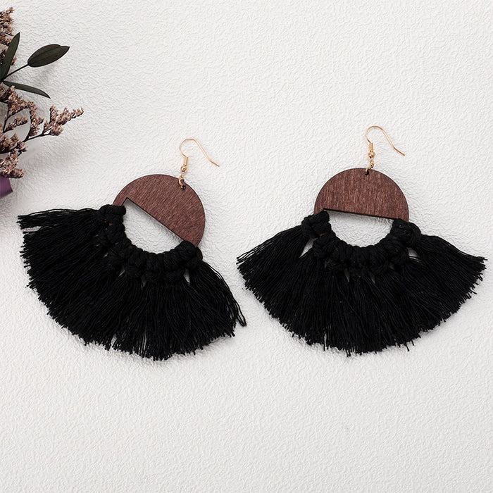 Macrame Handwoven Wooden Earrings with Natural Tassels in a Stylish Ethnic Design