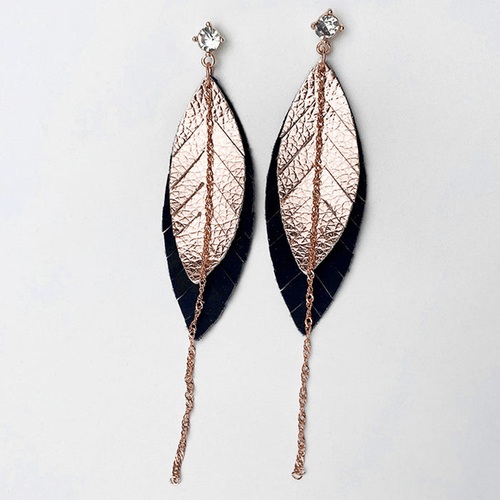 Multi-Layer Leather Earrings with Morandi Colors and Feather Chain Design