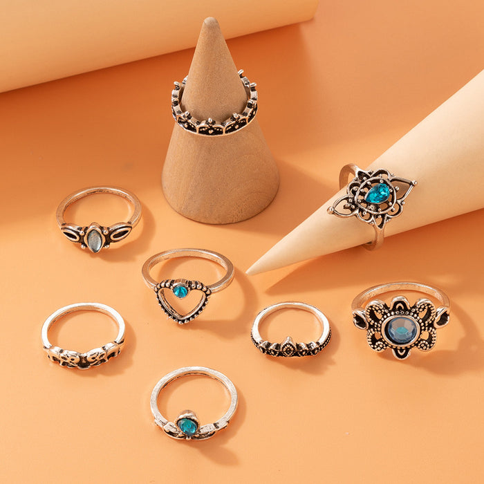 Blue Heart Ring Set - 8-Piece Vintage Hollow Flower Rings