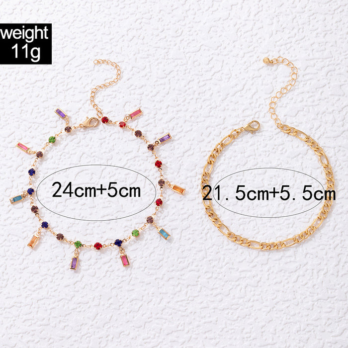 Colorful Rhinestone Double Layer Anklet with Geometric Multi-Layer Chain