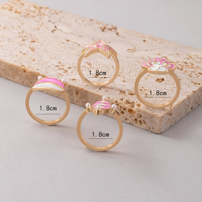 Pink Oil Drop Mushroom Pearl Ring 4-piece Set