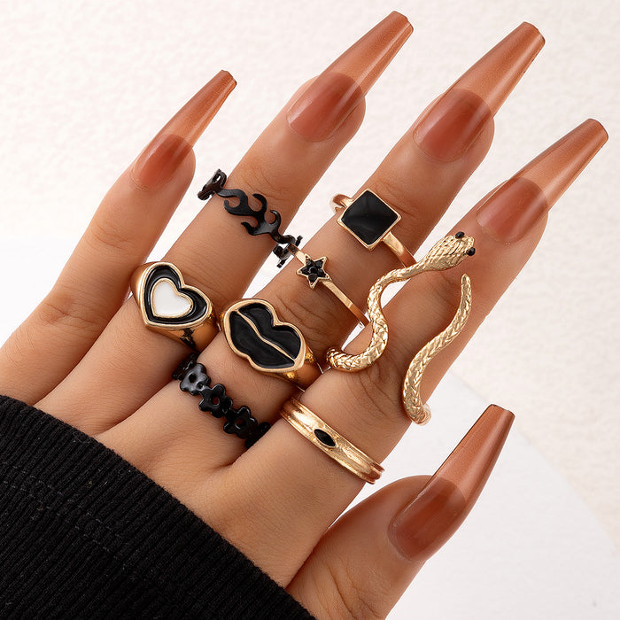 Lip love dripping oil star ring set, geometric letter snake zodiac eight-piece set