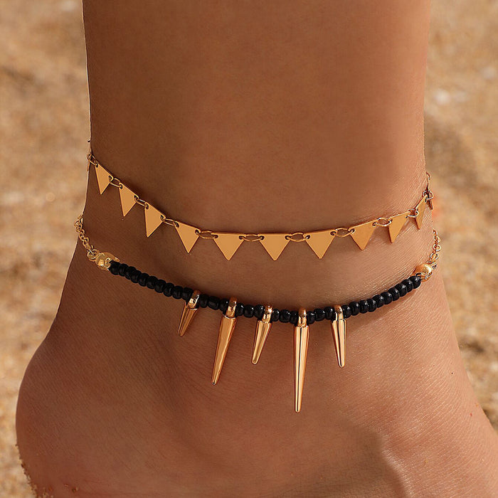 Bullet and Triangle Multi-Layer Anklet with Black Beads