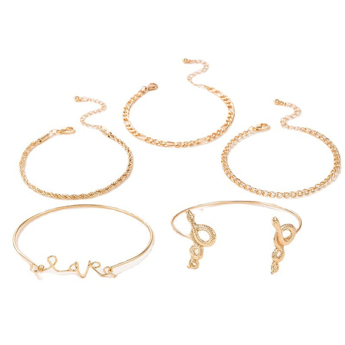 Punk Style Snake Letter Bangle and Braided Chain Bracelet Set - Five-Piece Statement Jewelry