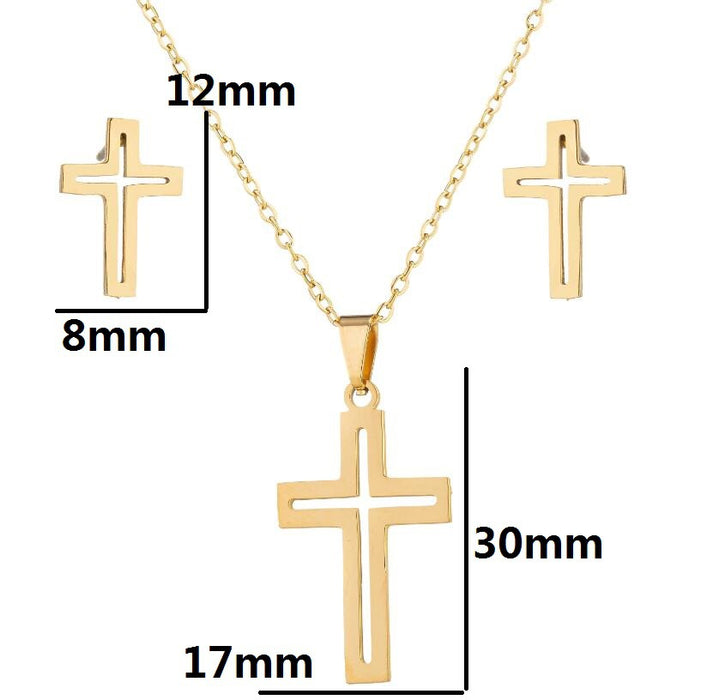 Cross pendant necklace earrings two-piece set, European and American fashion women's hollow jewelry wholesale