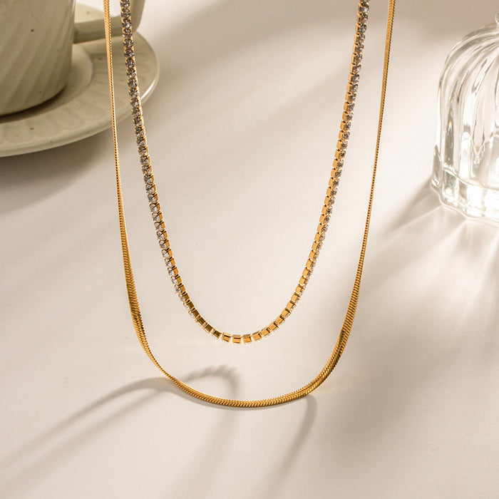 18K Gold-Plated Stainless Steel Double Layer Snake Chain Necklace with Shimmering White Zircon - Non-Fading Jewelry