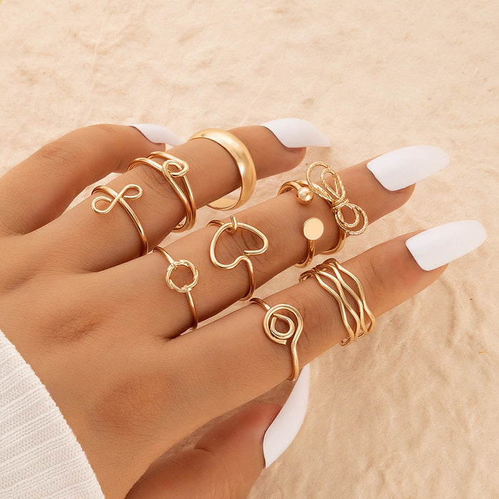 Heart bow nine-piece ring set simple geometric plain ring combination