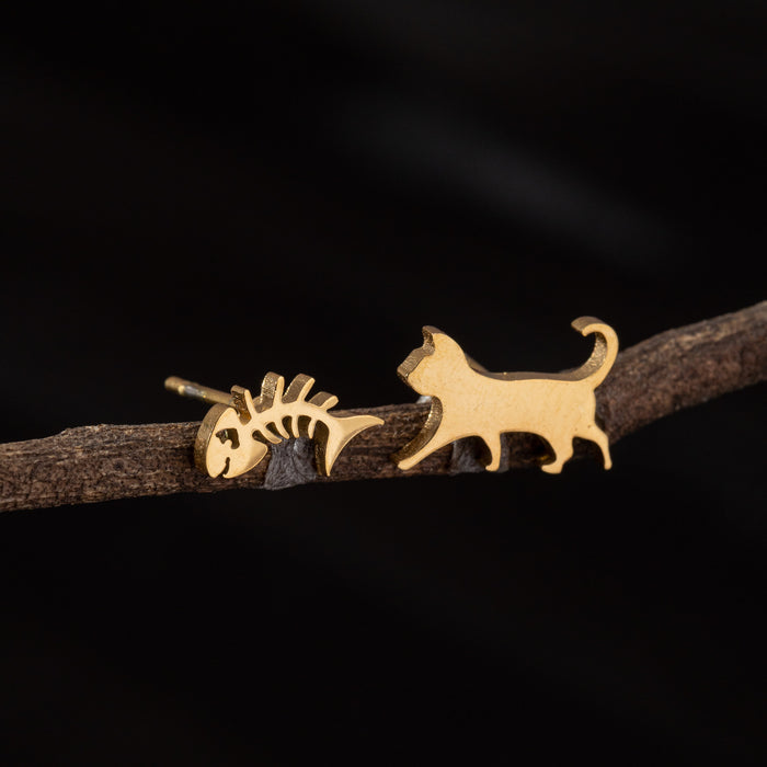 Cat and Fishbone Asymmetric Stud Earrings - Cute and Playful Animal Jewelry