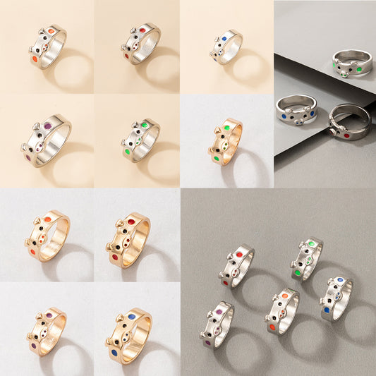 Couple's Multicolor Pig Zodiac Animal Oil Drop Ring