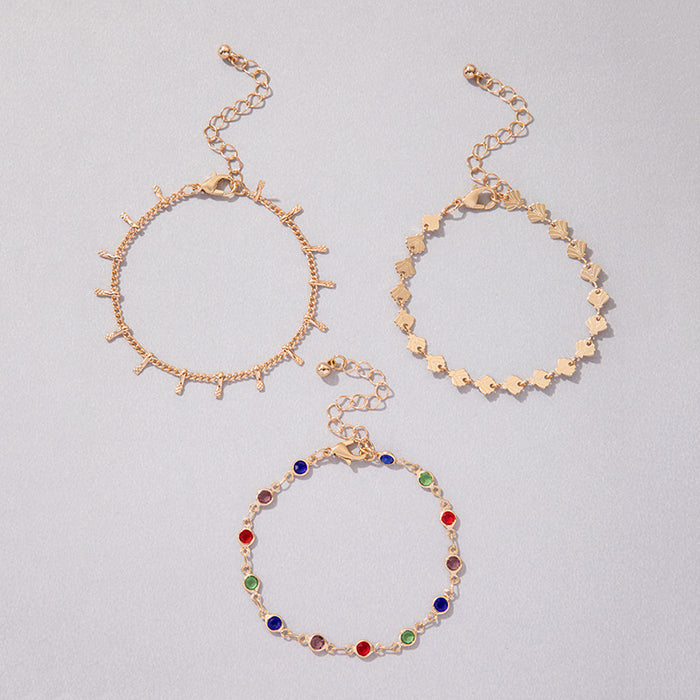 Exaggerated Gold Three-Layer Bracelet Set - Multicolor Stone and Chain Jewelry