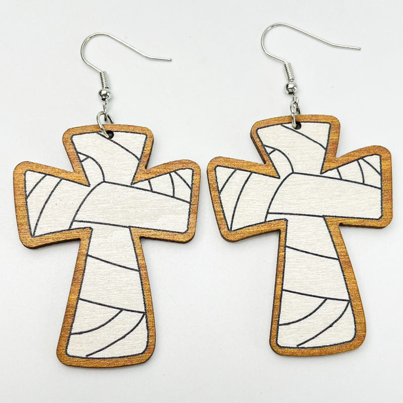 Wooden Cross Ball Earrings