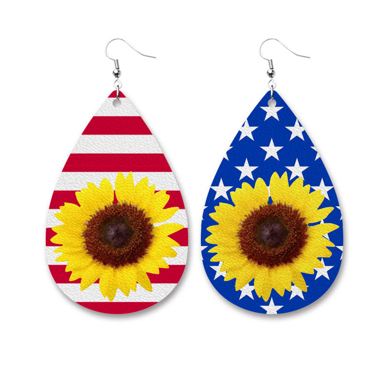 American Flag Sunflower Leather Earrings for Independence Day