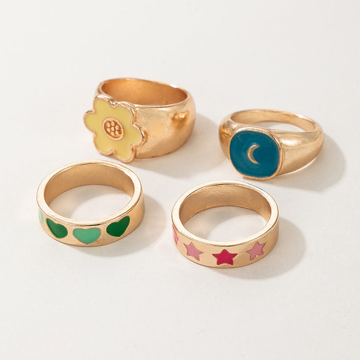 Colorful oil drip love flower star moon ring 4-piece set