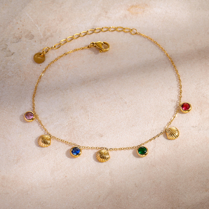 16K Gold Plated Stainless Steel Anklet - Fine Gold Chain with Colorful Zircon for Summer Fashion