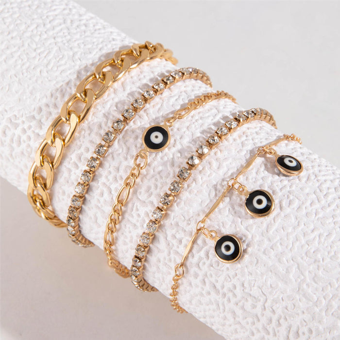 Conjunto de pulseras multicapa con colgante de ojo de moda europea: joyería minimalista con cadena de diamantes de imitación