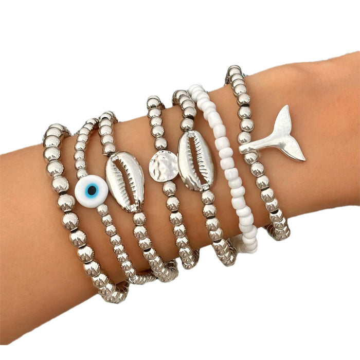 Ocean Bead Shell Bracelet with Fish Tail and Eye Charms - Five-Piece Set