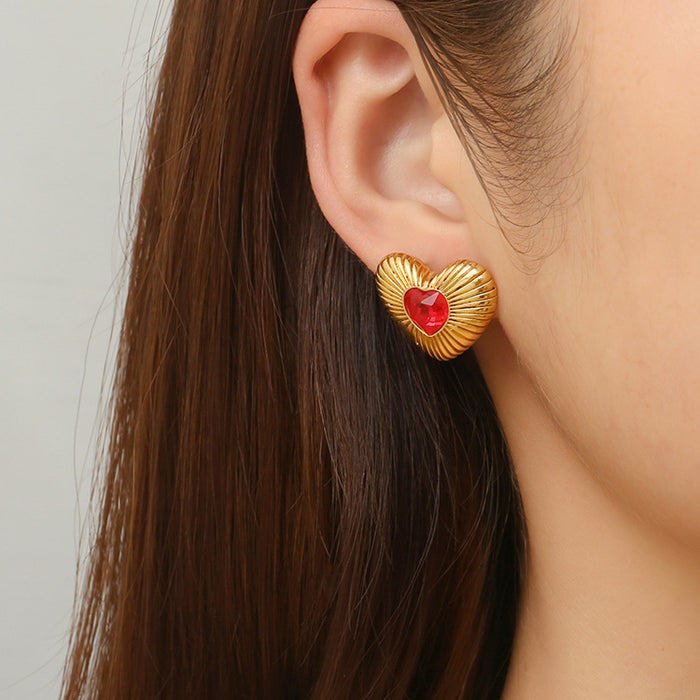 Pendientes de mujer de acero inoxidable de estilo lujoso y ligero con forma de corazón y diamantes