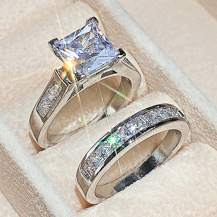 Women's Square Diamond Zircon Couple Ring Set