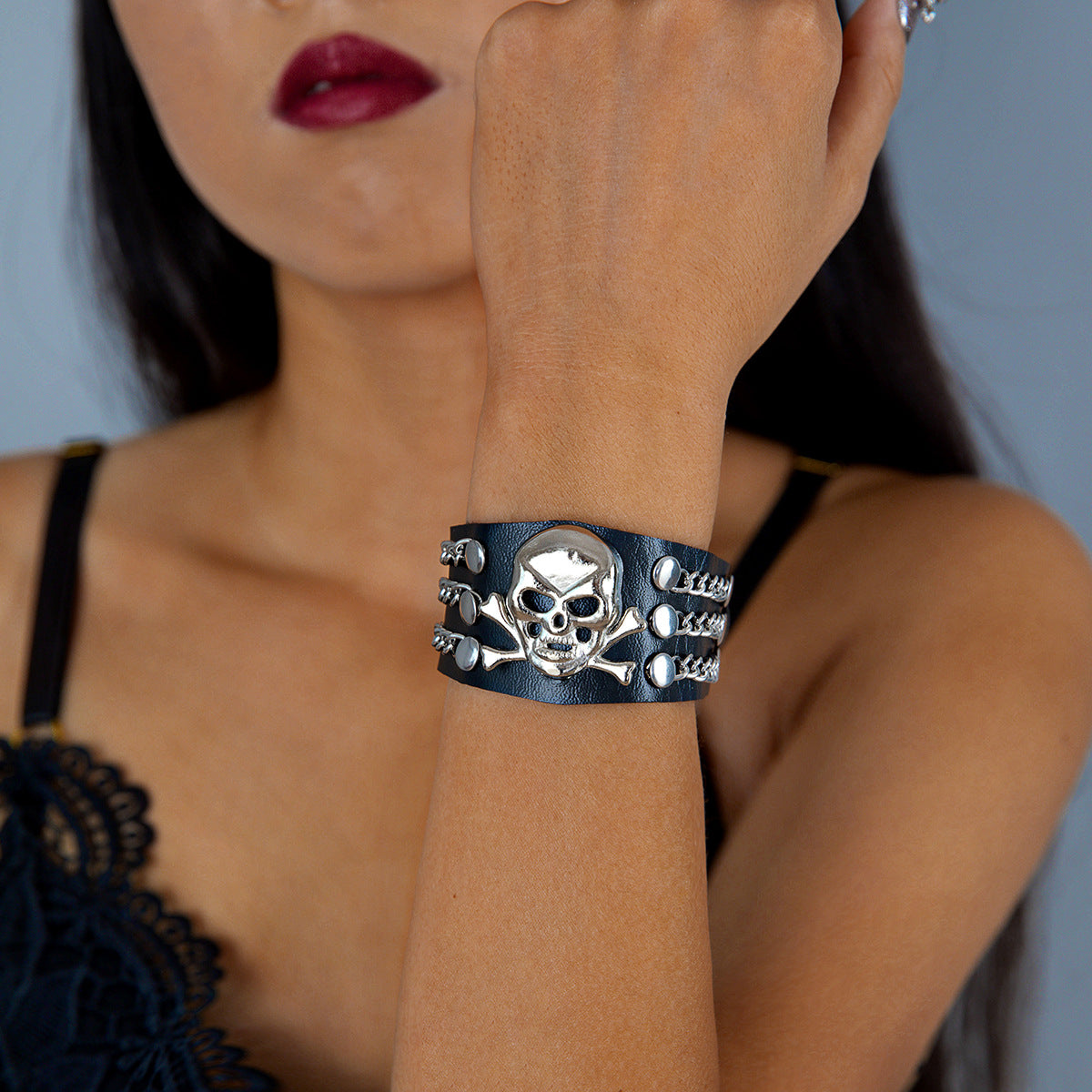 Punk Leather and Stud Bracelet - Dark Style Jewelry for Women