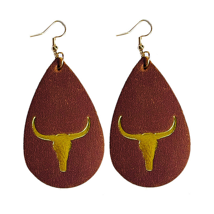 Modern Teardrop Crazy Horse Leather Earrings with Gold Bullhead Design