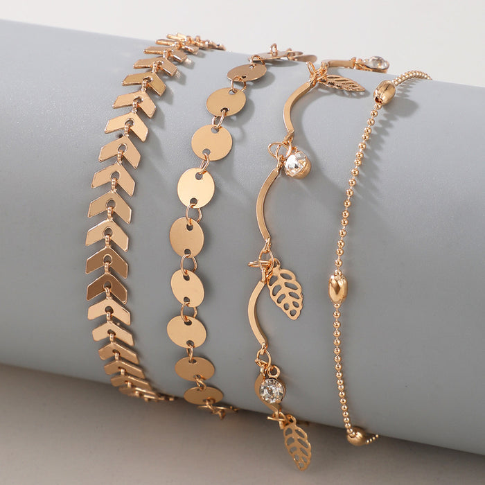 Leaf and Rhinestone Four-Layer Anklet with Geometric Multi-Layer Chain