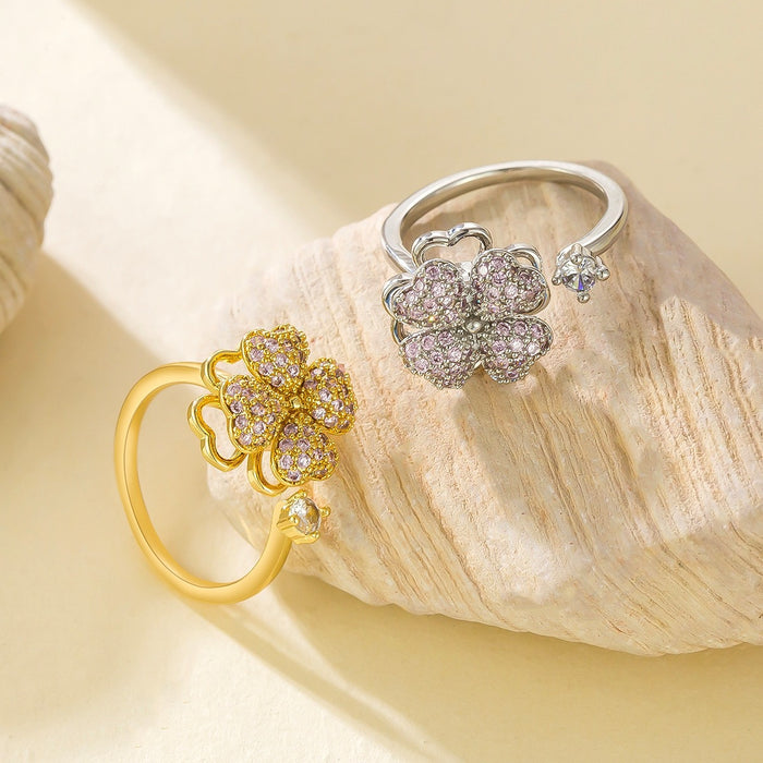 Wholesale copper heart-shaped four-leaf clover rotating open rings set with pink diamonds
