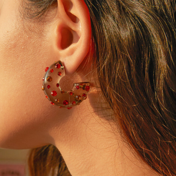 Resin Earrings with Red Rhinestones - Trendy New Jewelry