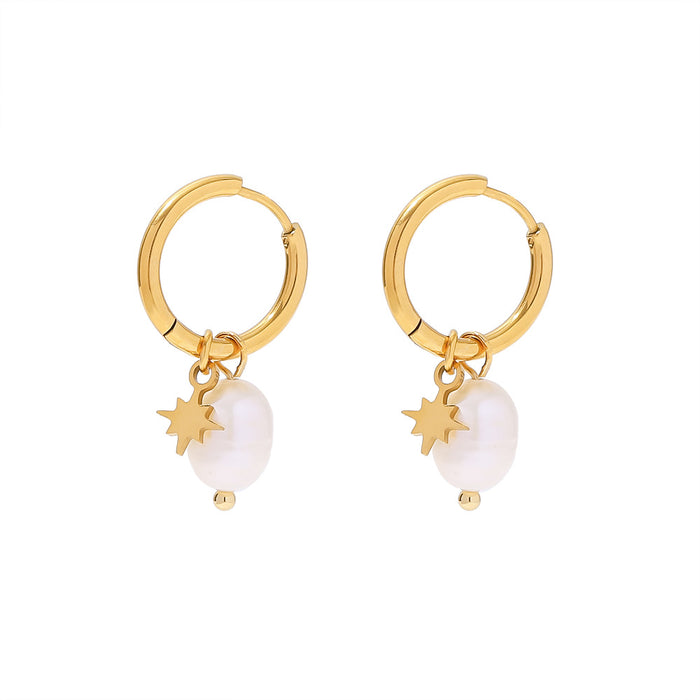 18K Gold Plated Natural Freshwater Pearl Star Earrings - Stainless Steel Hoop Earrings