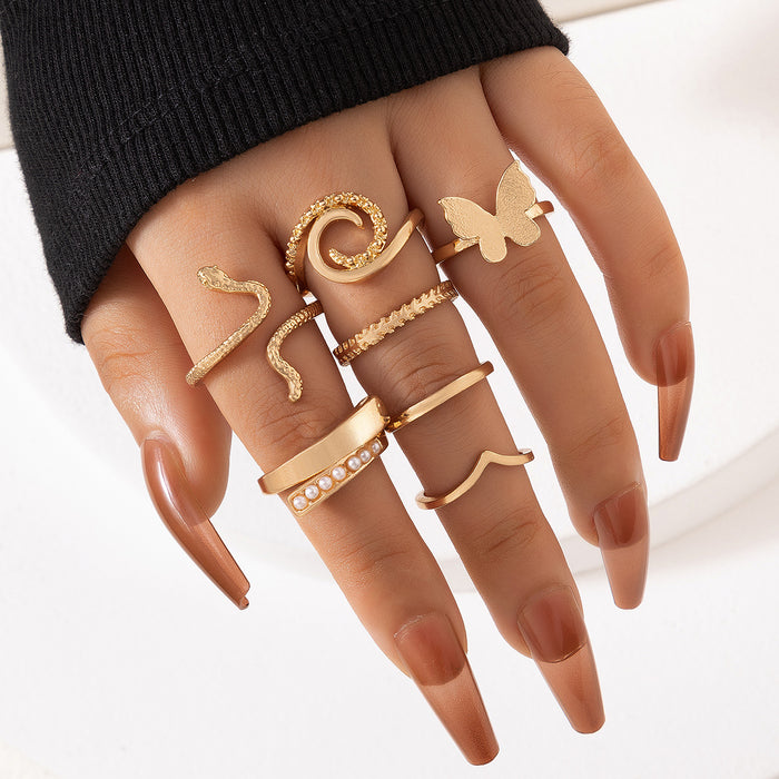 Elegant Pearl Butterfly and Snake Ring Set - 7-Piece Geometric Animal Rings