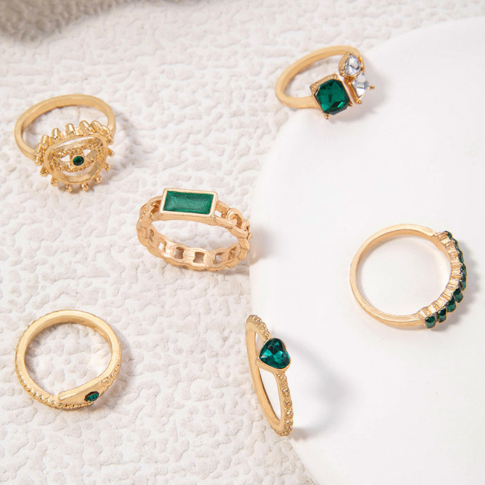 Retro Faux Emerald Rhinestone Ring Set - Snake Eye Six-Piece Set for Women