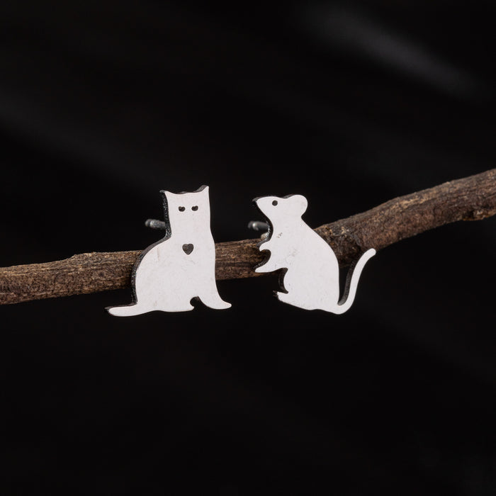 Pendientes asimétricos de acero inoxidable con forma de gato y perro: joyas de animales adorables y divertidas