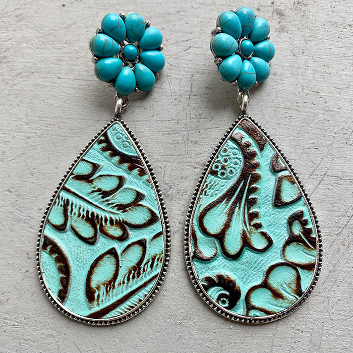 Western Embossed Leather Earrings with Bohemian Floral Turquoise and Pumpkin Flower Design