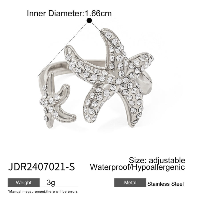 Stainless steel starfish open ring with full diamonds