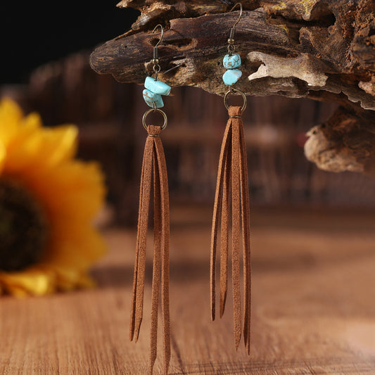 Vintage Long Turquoise Leather Tassel Earrings with Creative Style