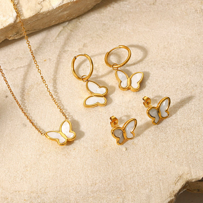 18K Gold Natural White Shell Butterfly Earrings with 14K Gold Chain - Simple and Elegant Stainless Steel Necklace