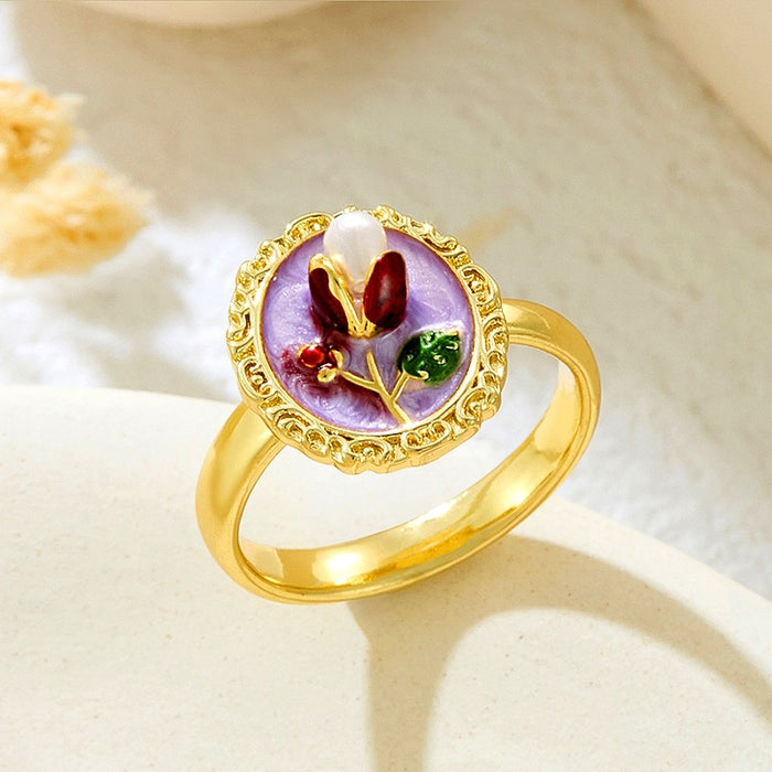 Wholesale copper micro-inlaid enamel painted drip flower open ring