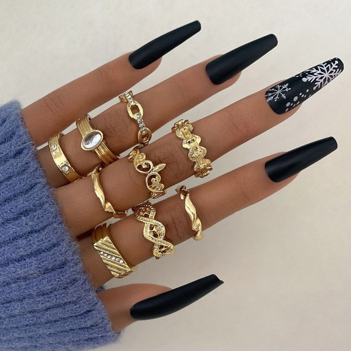 Punk Vintage Geometric Diamond Cut-Out Ring Set – Versatile Metal Pattern, 9-Piece Collection