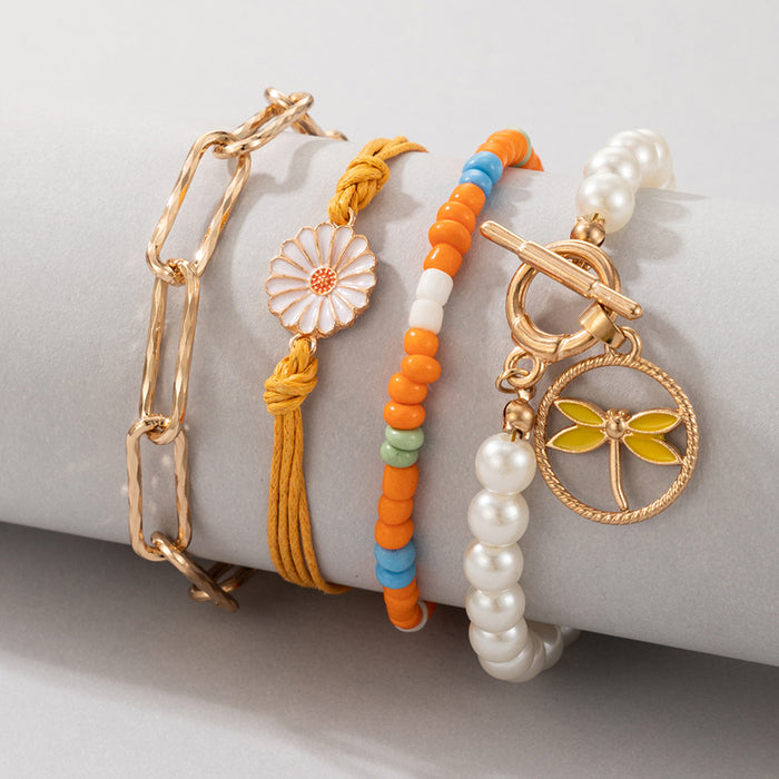 Dragonfly and Daisy Beaded Multi-Layer Bracelet Set with Geometric Design