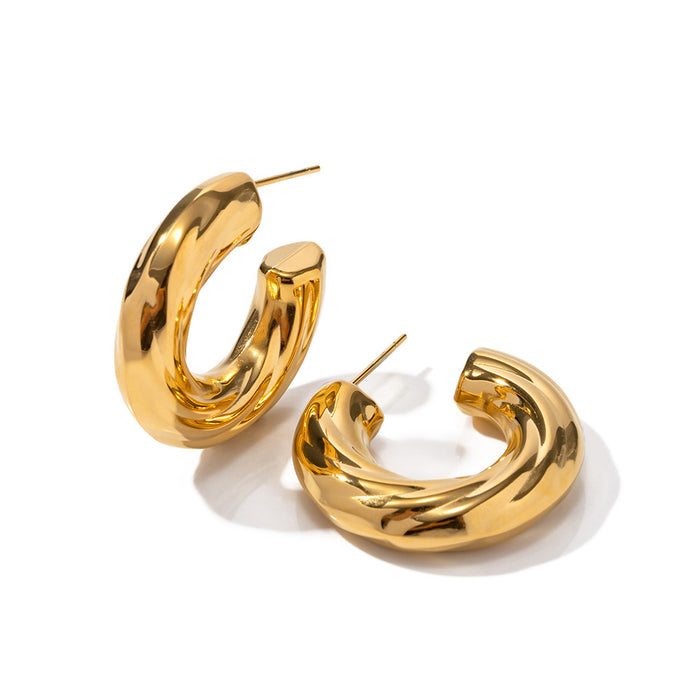 New Geometric Titanium Steel Earrings - 18K Gold Plated Stainless Steel Slanted Ribbed C-Shaped Earrings