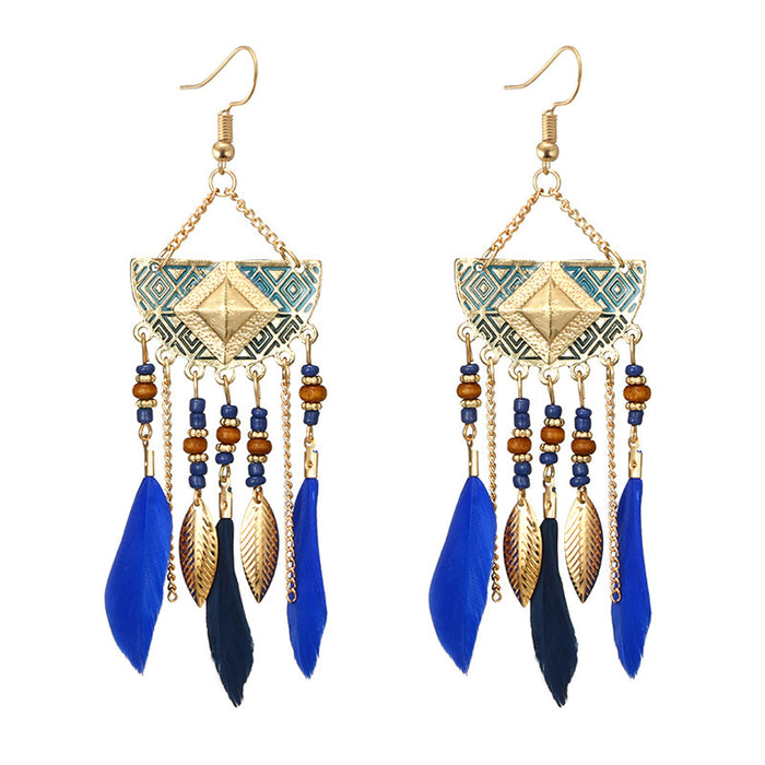 Ethnic style feather long earrings gold leaf round bead earrings