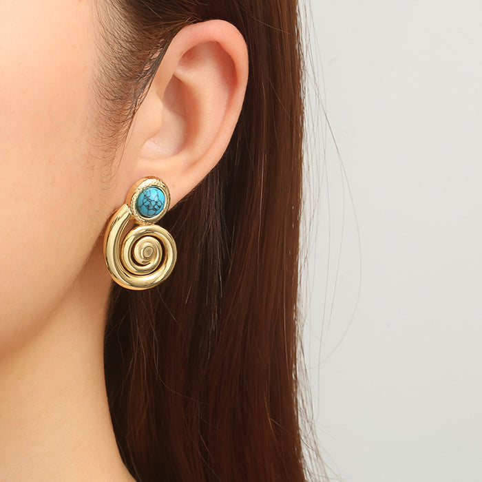 18K Gold Stainless Steel Spiral Hoop Natural Stone Earrings French Retro Style