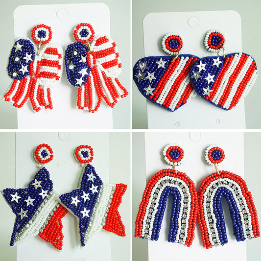 Patriotic Beaded Earrings with Handmade Bow, Rainbow Heart, and Star Designs