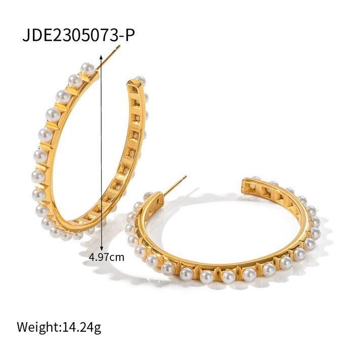 European High-End 18K Gold-Plated Stainless Steel C-Shaped Pearl Hoop Earrings - Fashionable Jewelry for Women